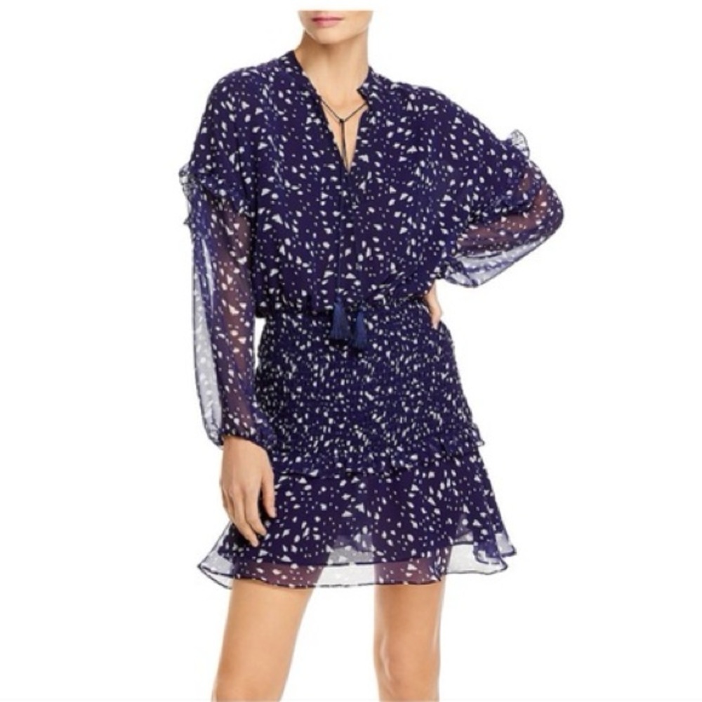 Aqua navy printed ruffle mini dress